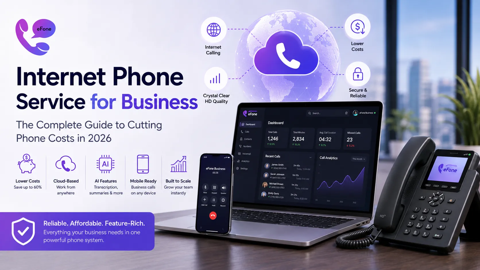 Internet phone service for business dashboard showing unlimited calling, AI transcription, and team routing